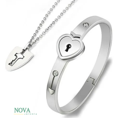 Amor Seguro Cadena y Pulsera Candado Acero inoxidable + Caja de Regalo