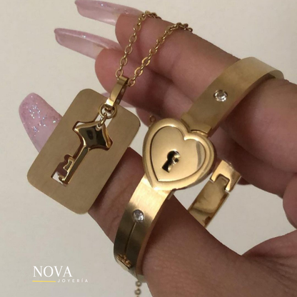 Amor Seguro Cadena y Pulsera Candado Acero inoxidable + Caja de Regalo