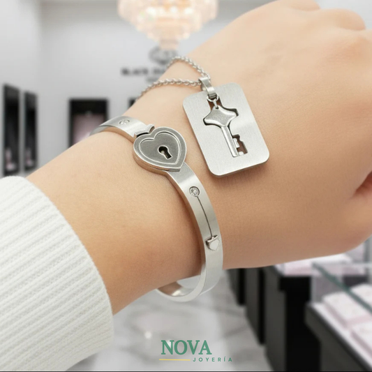 Amor Seguro Cadena y Pulsera Candado Acero inoxidable + Caja de Regalo